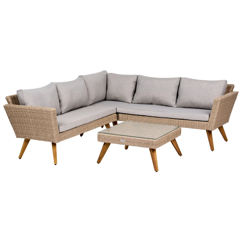 Set da giardino in rattan PE chiaro, divano angolare a 6 posti con cuscini grigi e tavolino da caffè, stile country per esterni