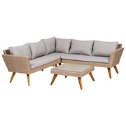 Set da giardino in rattan PE chiaro, divano angolare a 6 posti con cuscini grigi e tavolino da caffè, stile country per esterni
