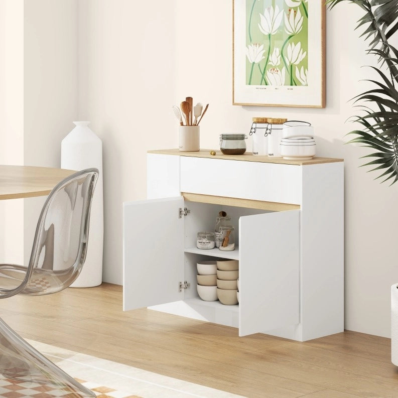 Credenza 105x30x81;5 cm bianca in legno; 2 ante e cassetto