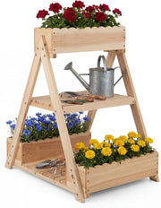 Orto Rialzato da Giardino a 3 Livelli, Fioriera Rialzata in Legno Massello con 3 Vasi e 2 Ripiani, Fioriere Verticali a Scale da Esterno e Interno per Balcone e Terrazza, 66 x 58 x 60 cm