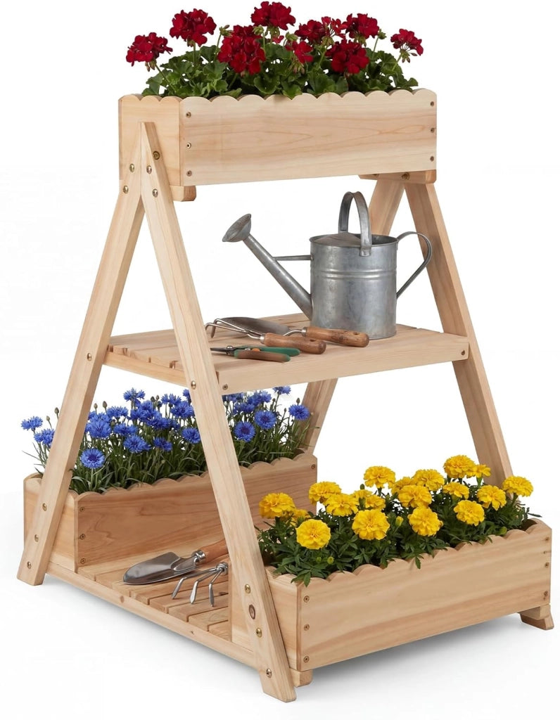 Orto Rialzato da Giardino a 3 Livelli, Fioriera Rialzata in Legno Massello con 3 Vasi e 2 Ripiani, Fioriere Verticali a Scale da Esterno e Interno per Balcone e Terrazza, 66 x 58 x 60 cm