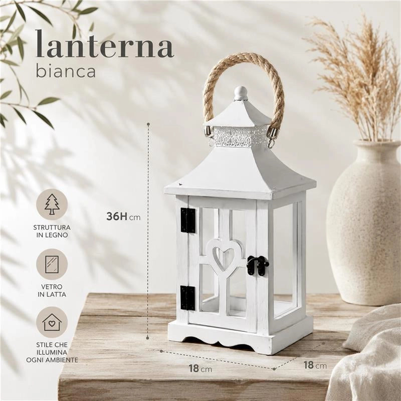 LANTERNA IN LEGNO BIANCO CON MANICO DIMENSIONI 18X18X32H CM - COLORE BIANCO