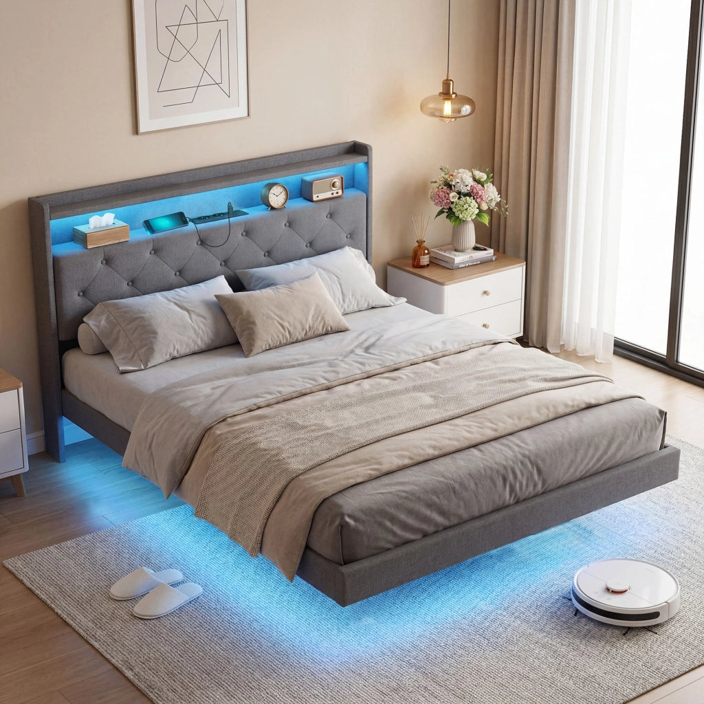 Letto Matrimoniale con Luci LED e Stazione di Ricarica ¨C Zephmum ¨C Grigio 140x190 cm