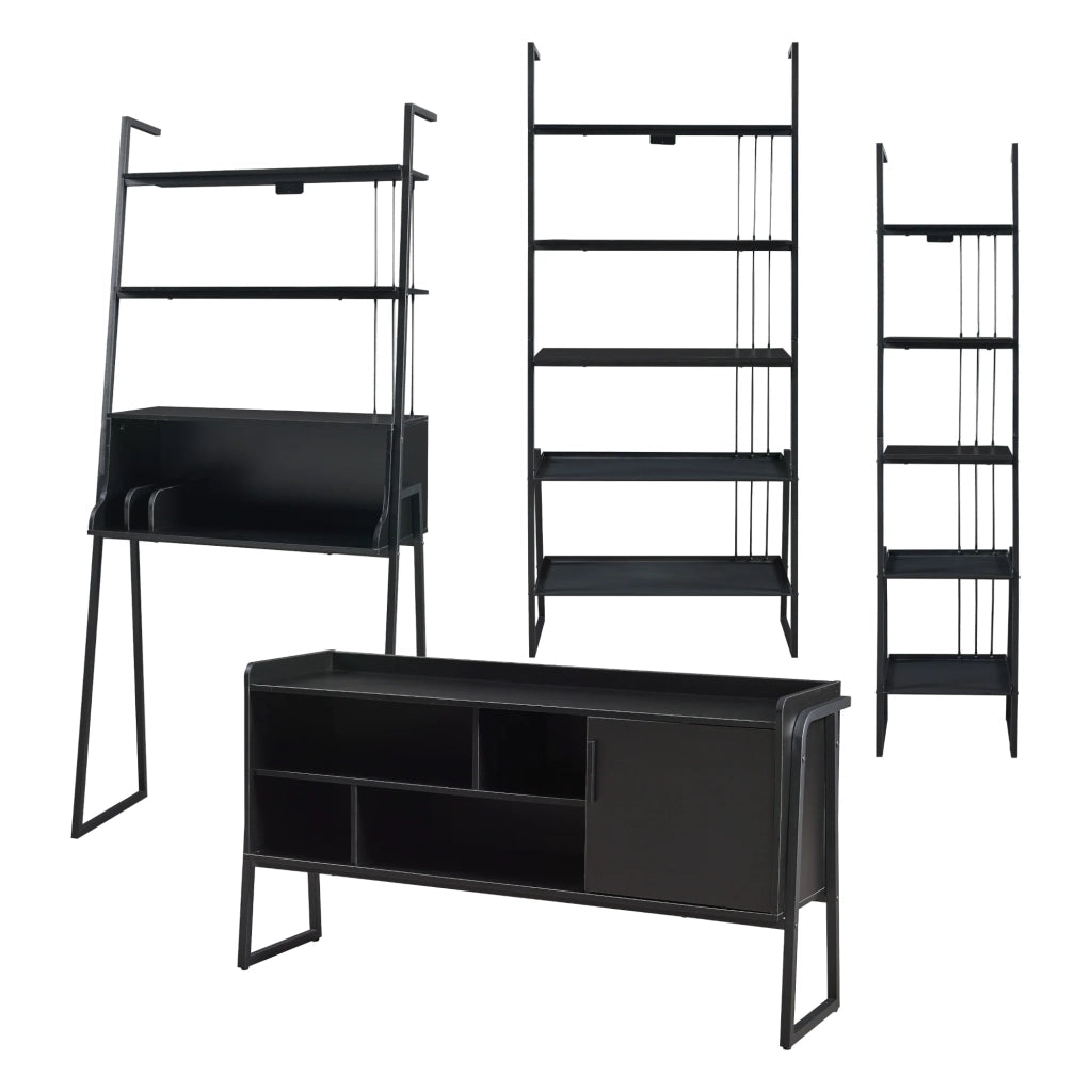 Set di 4 mobili tra cui scrivania mobile TV e 2 ripiani a scala nero 03_0009403