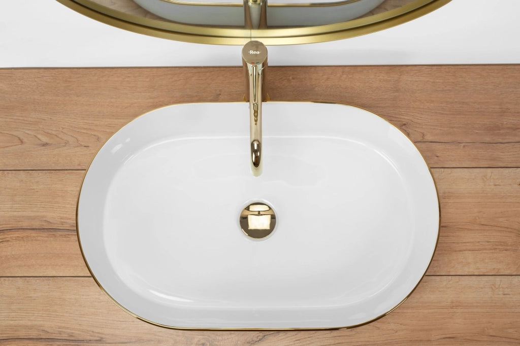 Lavabo Da Appoggio In Ceramica Rea Nadia White Gold Edge
