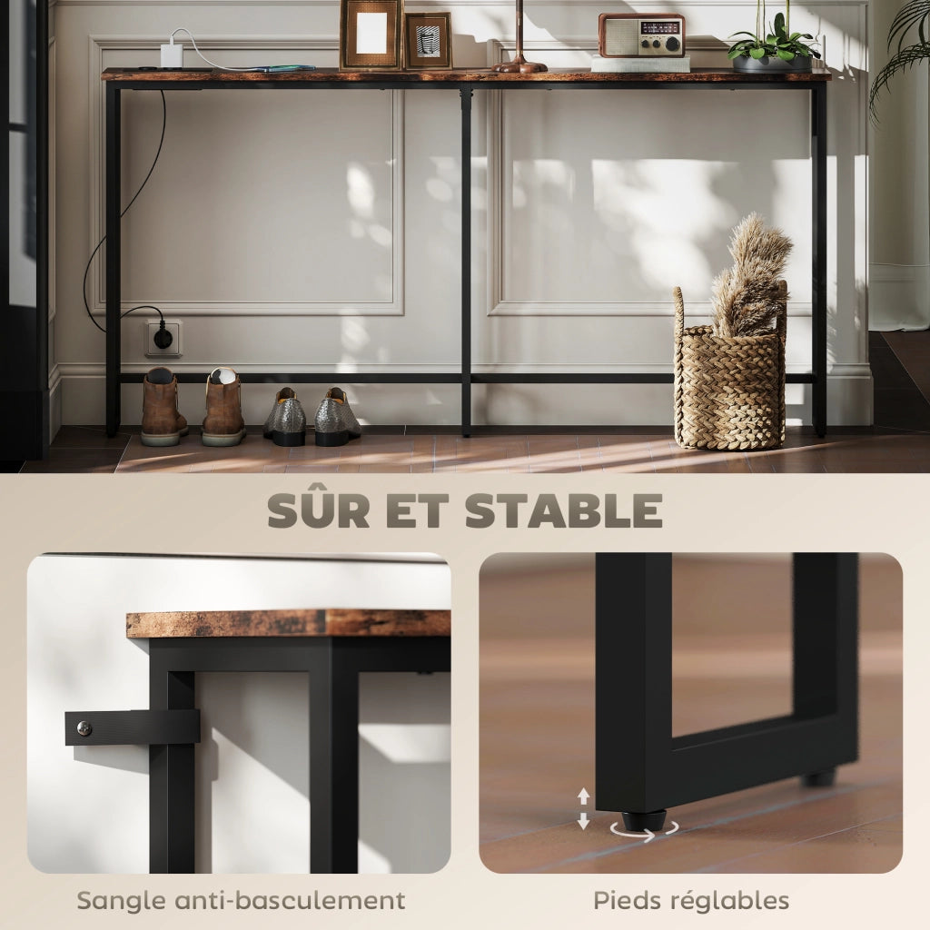 Consolle ingresso stretto stile industriale con prese elettriche e USB ¨C Xylo ¨C 160x20x80cm marrone