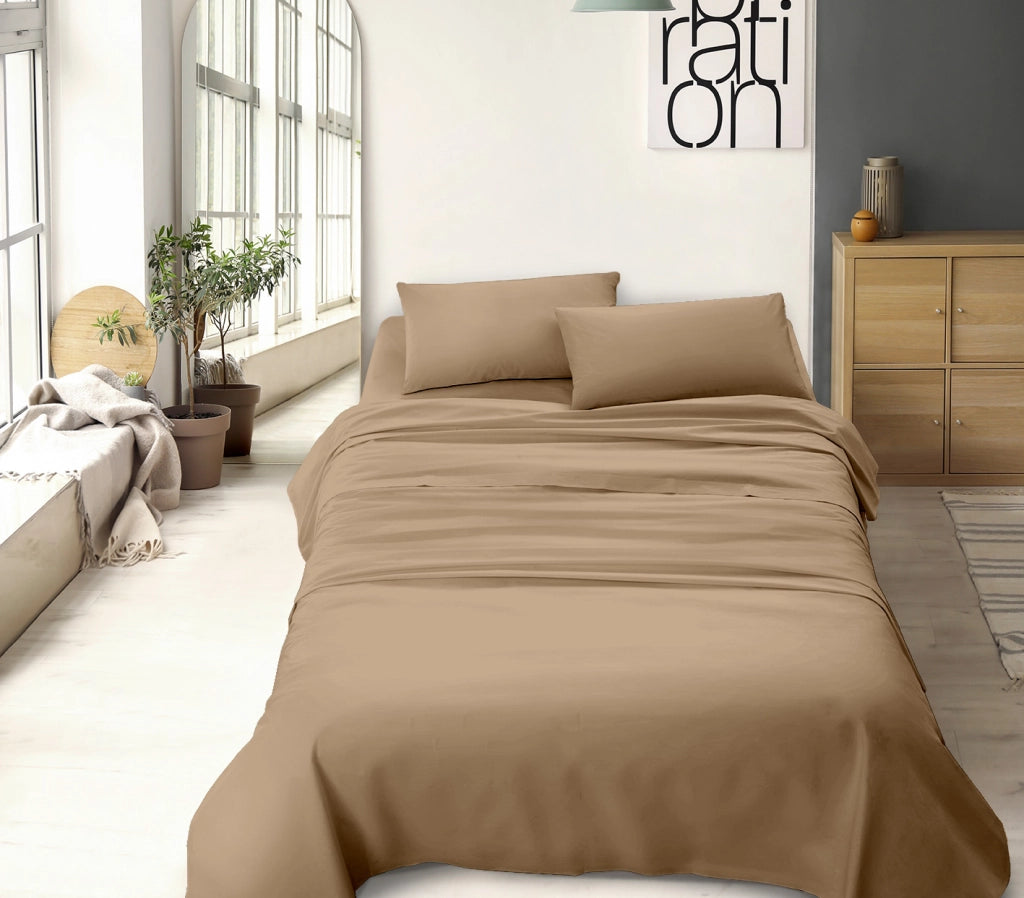 Completo letto matrimoniale a tinta unita set lenzuola Prodotto italiano 100% Cotone - Beige - Matrimoniale