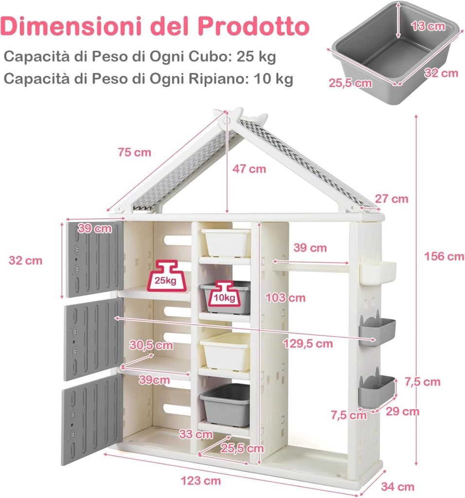 Armadio per Bambini, Organizzatore a Forma di Casa con 1 Lavagna, 3 Armadietti, 4 Cestini, 3 Cubi Chiusi e 3 Cestini Laterali, Armadietto Salvaspazio per Camera da Letto e Soggiorno (Grigio)