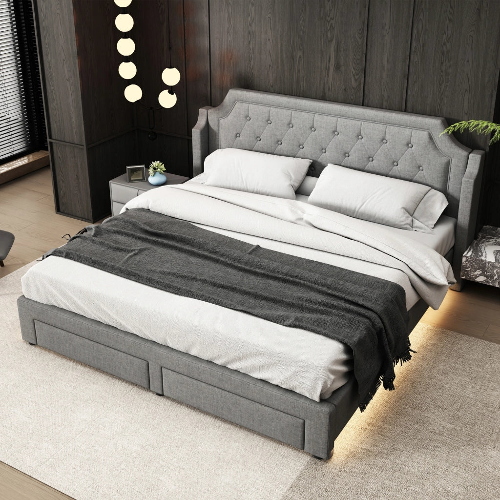 Letto matrimoniale 180x200 - Xylo - LED, 2 cassetti, lino, grigio