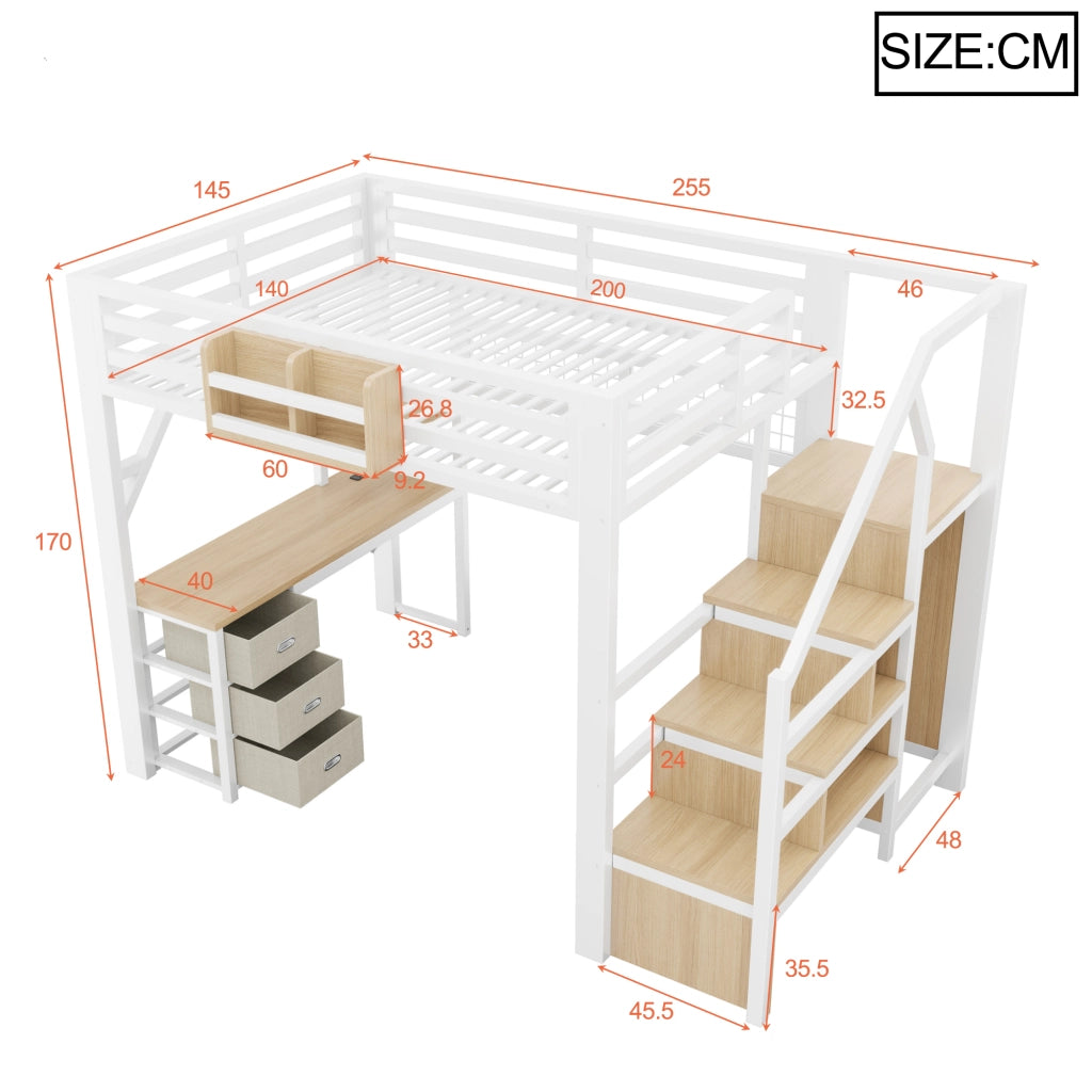 Letto a soppalco 140x200 cm con scrivania; 3 cassetti e LED in MDF e metallo bianco