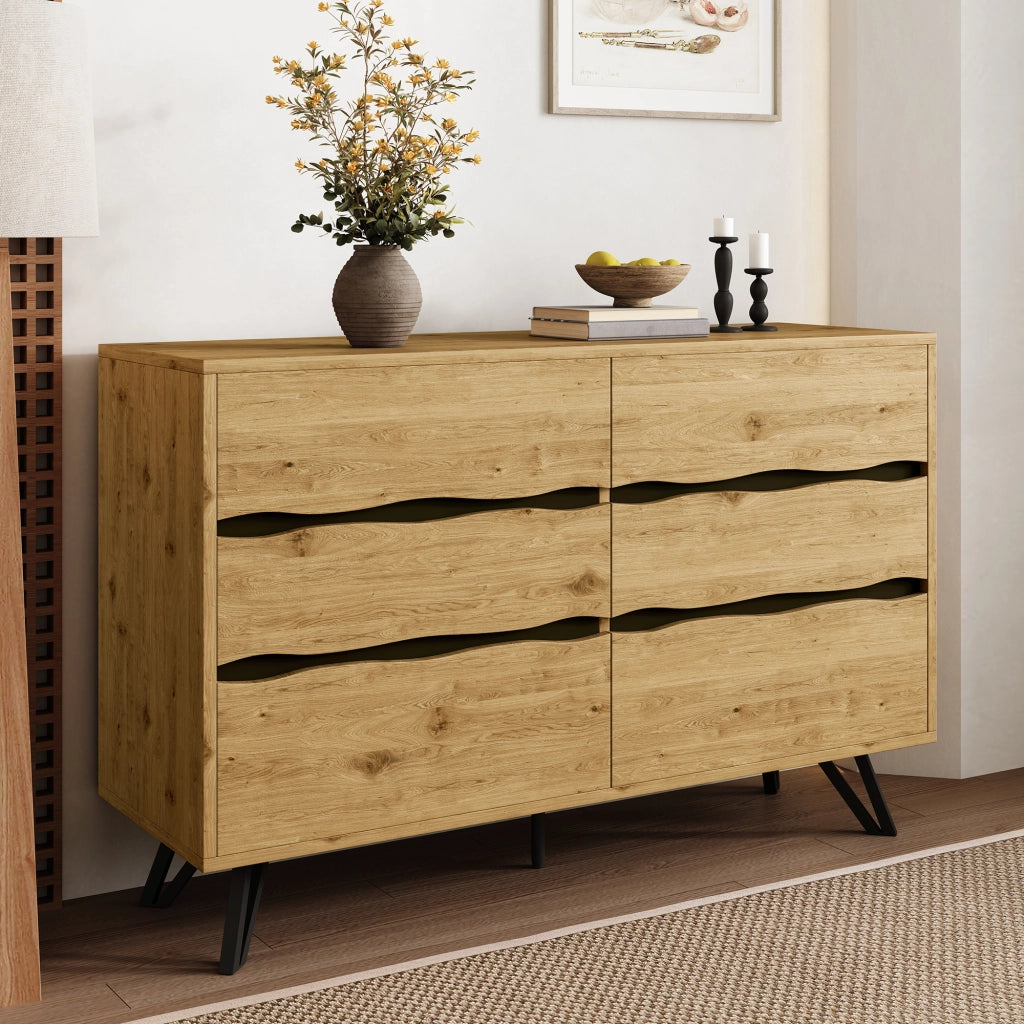 Credenza con 6 Cassetti; Frontali Ondulati e Piedini in Metallo; Stile Moderno; in Pannello Truciolare; Legno; 120??40??75;5 cm