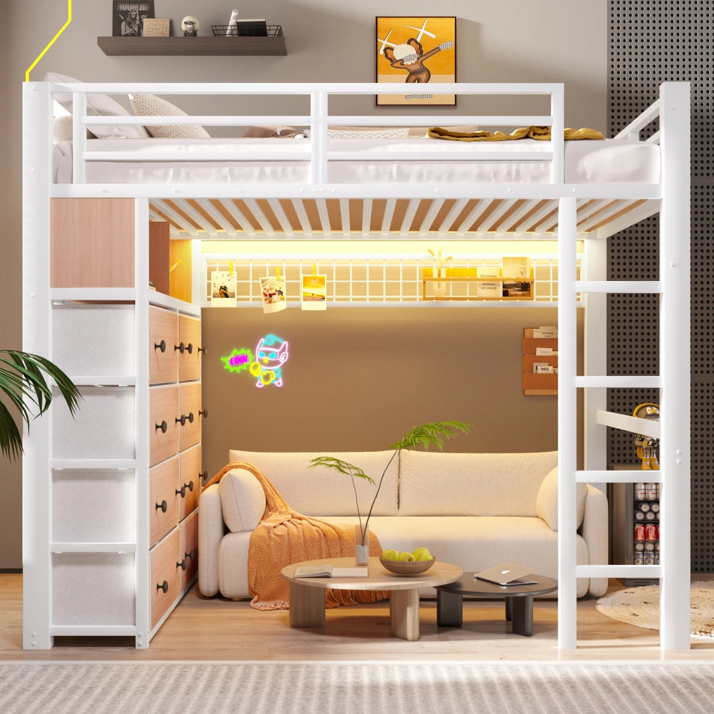 DESMIU Letto a soppalco 140 × 200 cm 2 posti con 8 cassetti, ripiani e LED, senza materasso, bianco