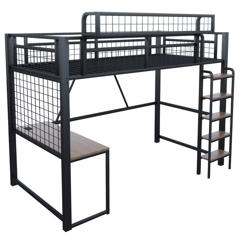 Letto a soppalco in metallo 90x200 cm con scrivania; LED; presa e scala; nero