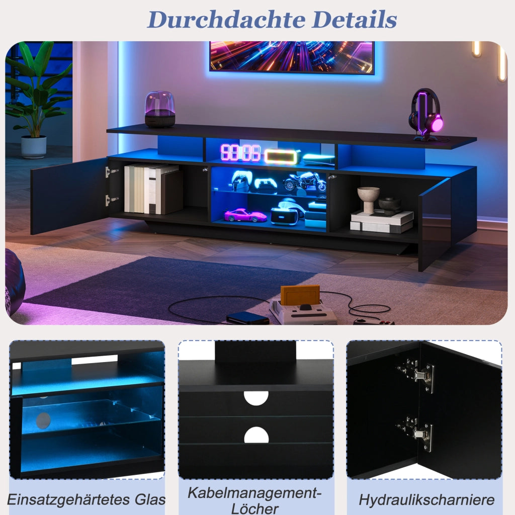 Mobile TV nero con LED controllabile via app, 160x40x45 cm, 2 ante e 8 ripiani
