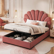 Letto matrimoniale imbottito 140x200 cm in velluto rosa con testiera decorativa e contenitore idraulico