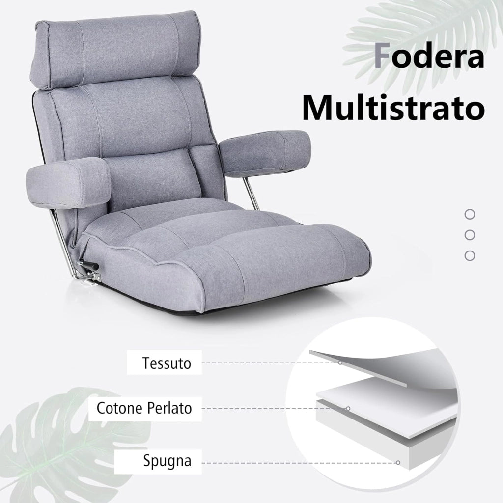 Sedia Divano Pieghevole, Poltrona Letto Singolo con Schienale Regolabile, Poggiatesta Lombare e Poggiapiedi Regolabile a 6 Posizioni, 80 x 72 x 75 cm (Grigio)