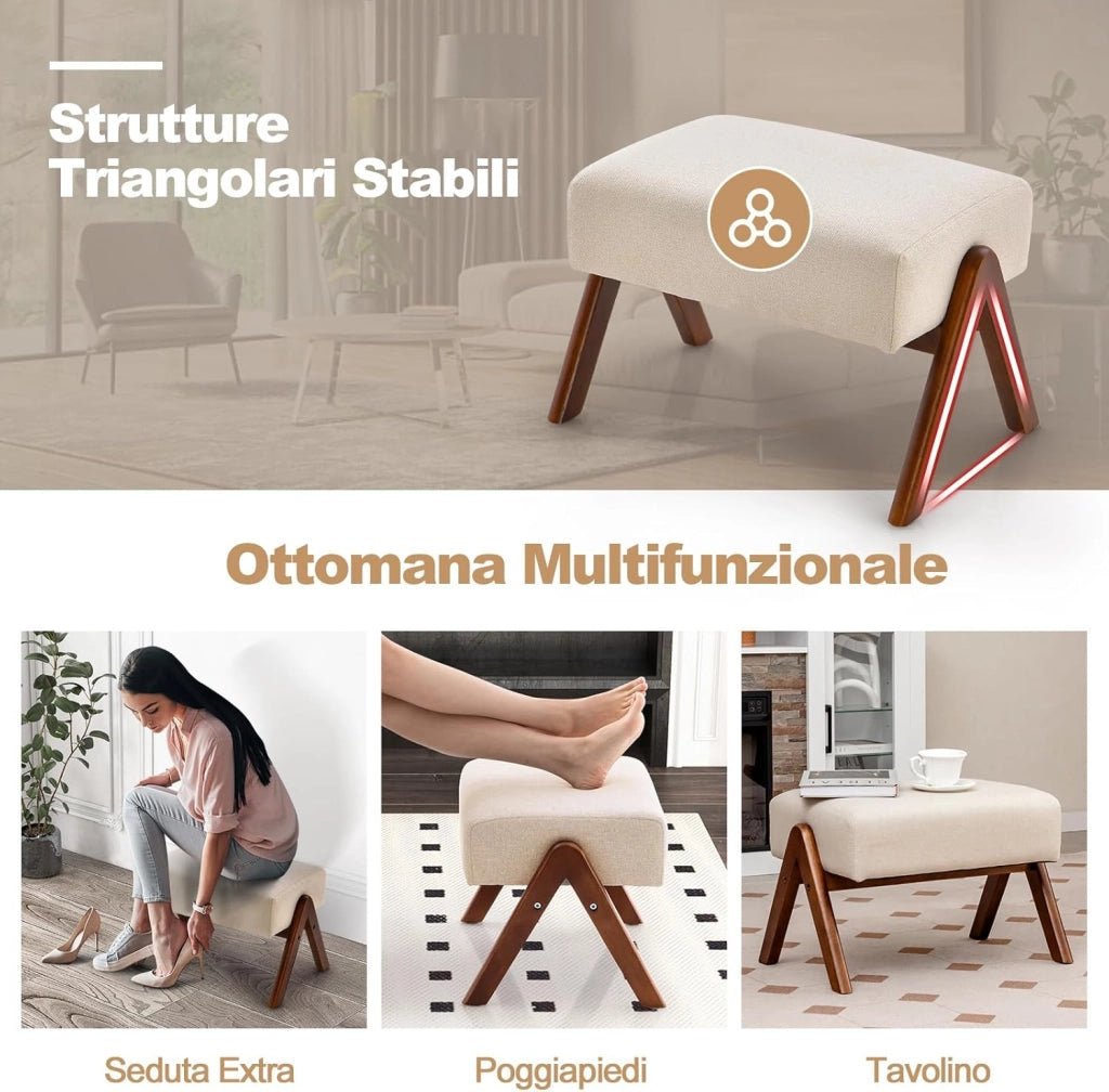 Poltrona a Dondolo con Poggiapiedi, Poltrona Imbottita in Tessuto con Struttura in Legno di Gomma Massello, Set Sedia a Dondolo e Poggiapiedi per Cameretta, Salotto (Beige)