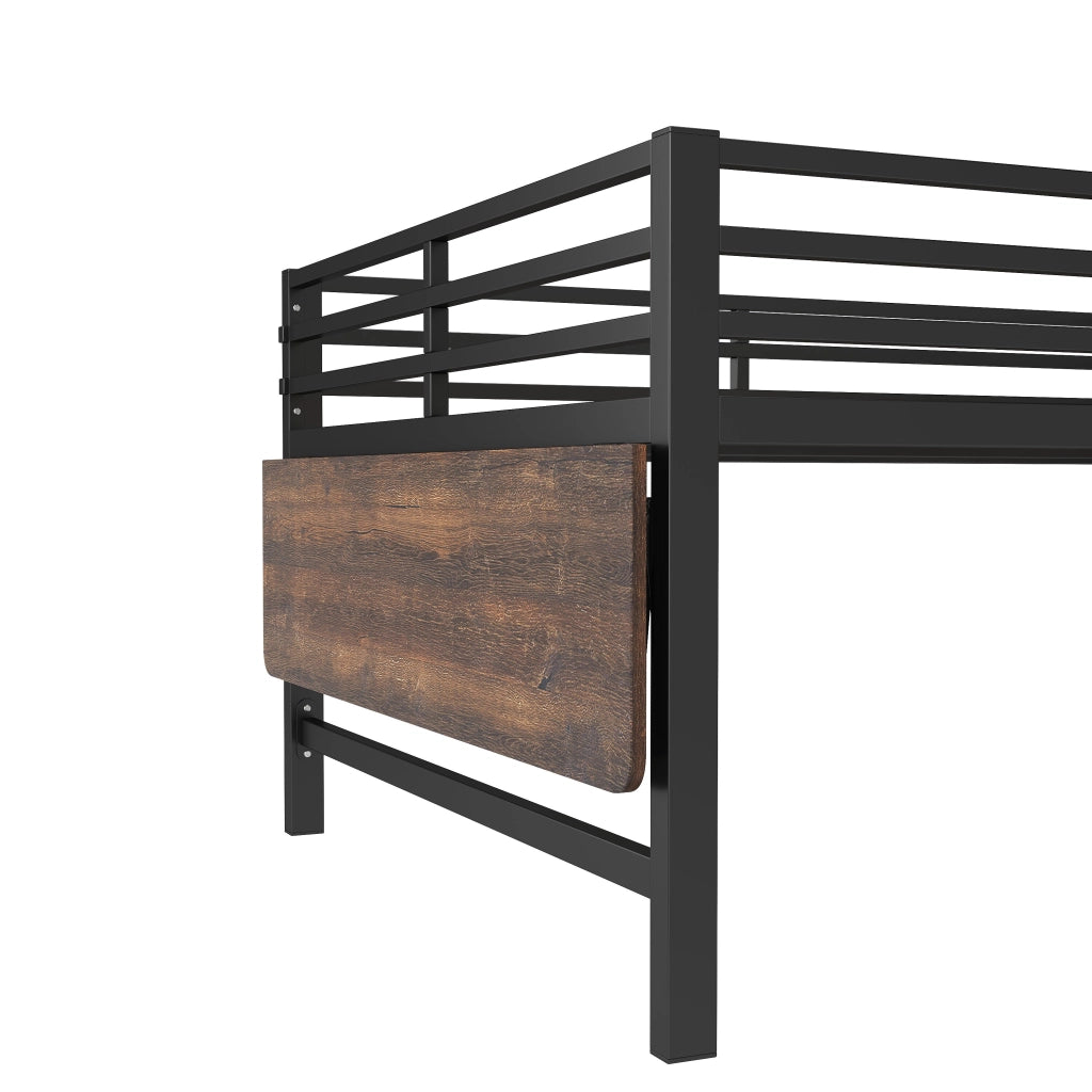 Letto a soppalco 140 × 200 cm con scrivania pieghevole, LED e sbarre di sicurezza, senza materasso, metallo, nero