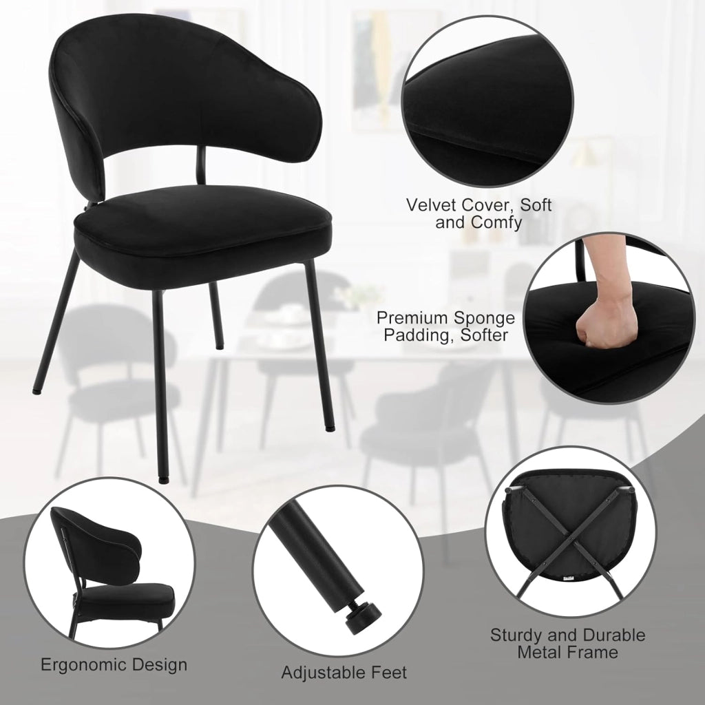 Set di 6 Sedie per Sala da Pranzo, Sedie da Cucina con Schienale, Sedie Imbottite e Rivestite in Velluto con Gambe Metalliche, Sedie Moderne per Camera da Letto, Soggiorno, Nero, BH389sz-6