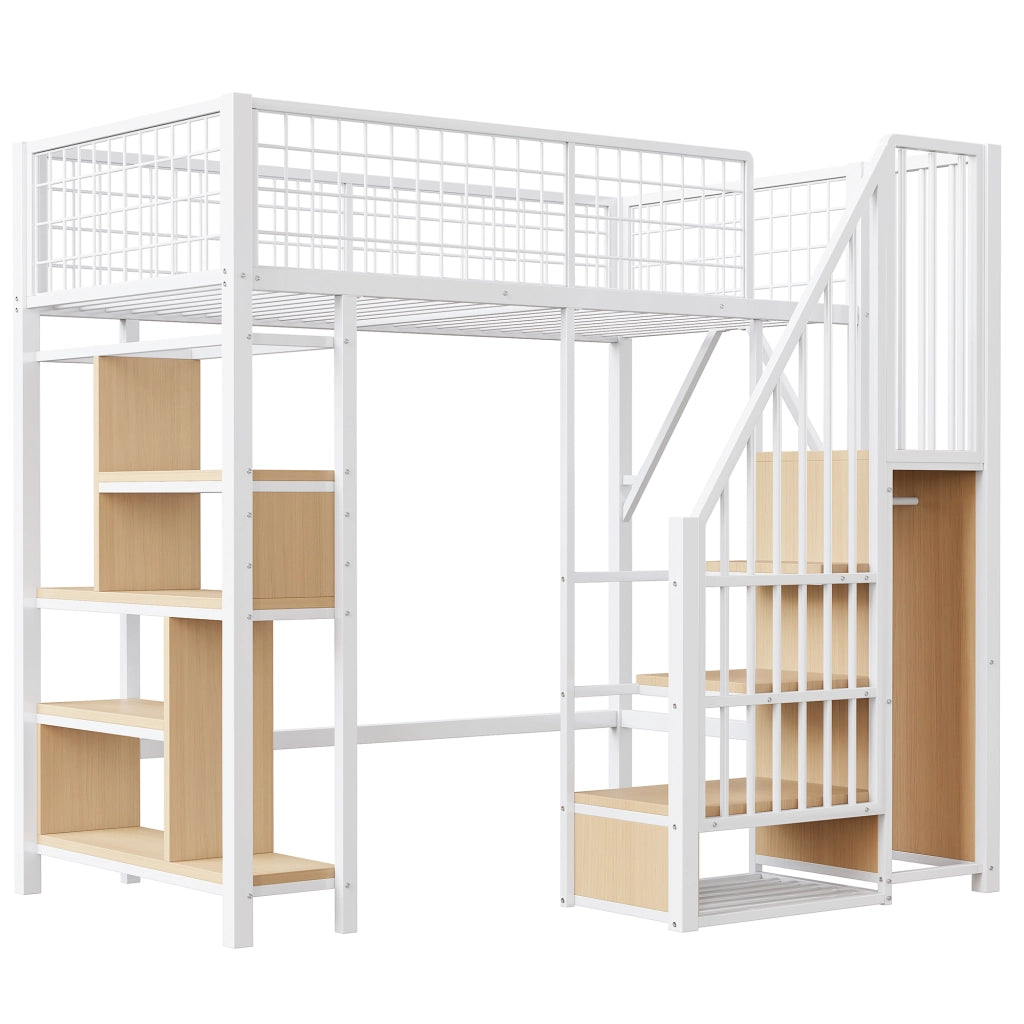 DESMIU Letto a soppalco 1 posto con scala contenitore, ripiani e spazio inferiore 90 × 200 cm, senza materasso
