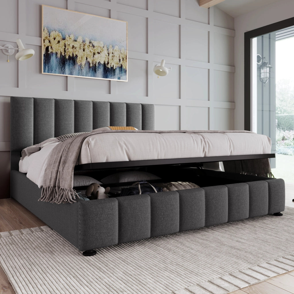 LETTO Contenitore 140x200 cm in lino grigio, testiera regolabile