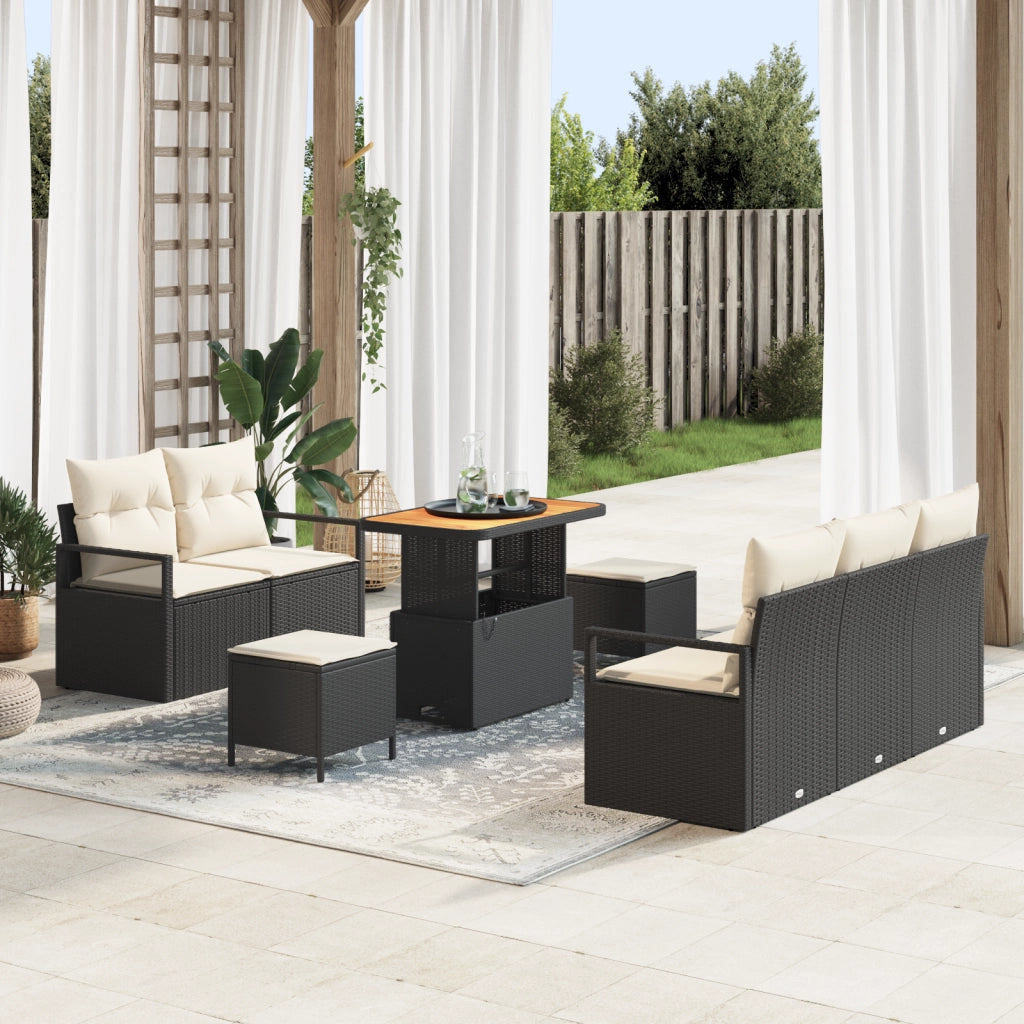 Set Divano da Giardino a 8 Pezzi con Cuscini Nero Rattan Poliestere
