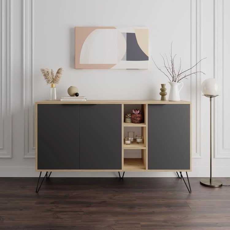 Madia Moderna Credenza 142x83 cm con 3 Ante e Vani a Giorno Rovere e Antracite