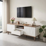 Cassettiera per TV bianca e noce scuro in MDF e truciolare; lunghezza 160 cm