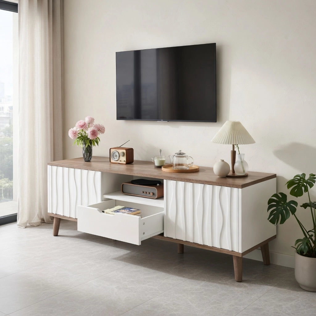 Cassettiera per TV bianca e noce scuro in MDF e truciolare; lunghezza 160 cm