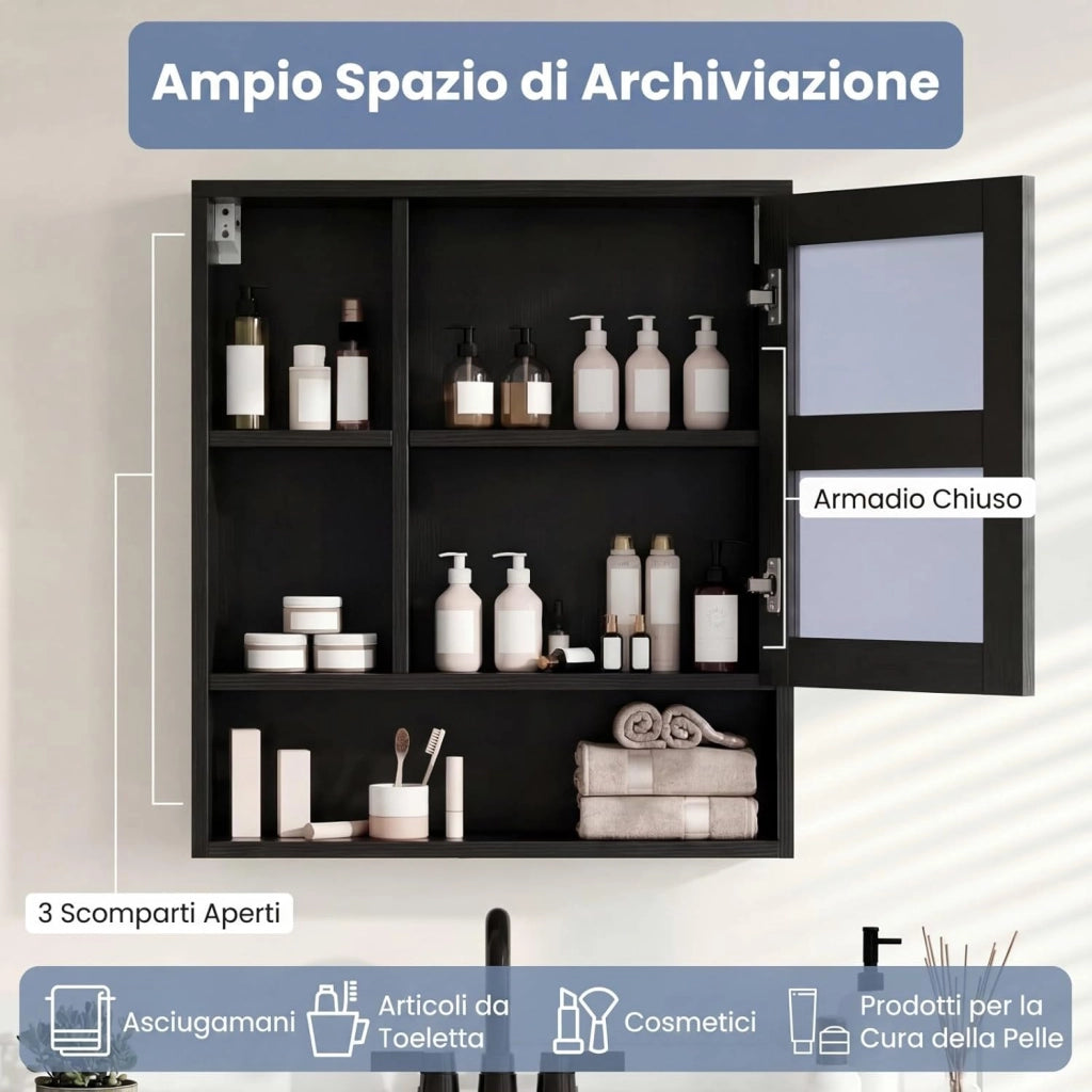 Mobile Bagno con Specchio, Specchio Bagno Contenitore con Porta Singola e 3 Ripiani Aperti, Mobiletto Salvaspazio in Legno per Lavanderia e Ingresso, 56 x 16 x 61 cm (Nero)