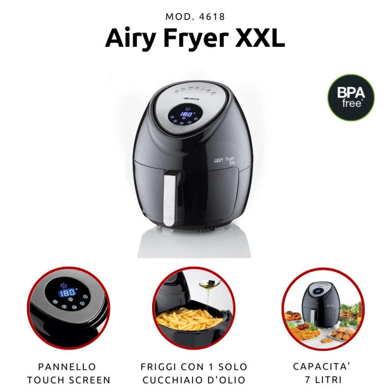Friggitrice ad Aria XXL - 2,5 kg Patatine Fritte - 7 Litri - 1800 Watt - Nero