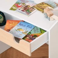 Set Scrivania e Sedia per Bambini con Cassetto e Scaffale, Bordi Arrotondati, Età 6-10 Anni, Bianco e Legno