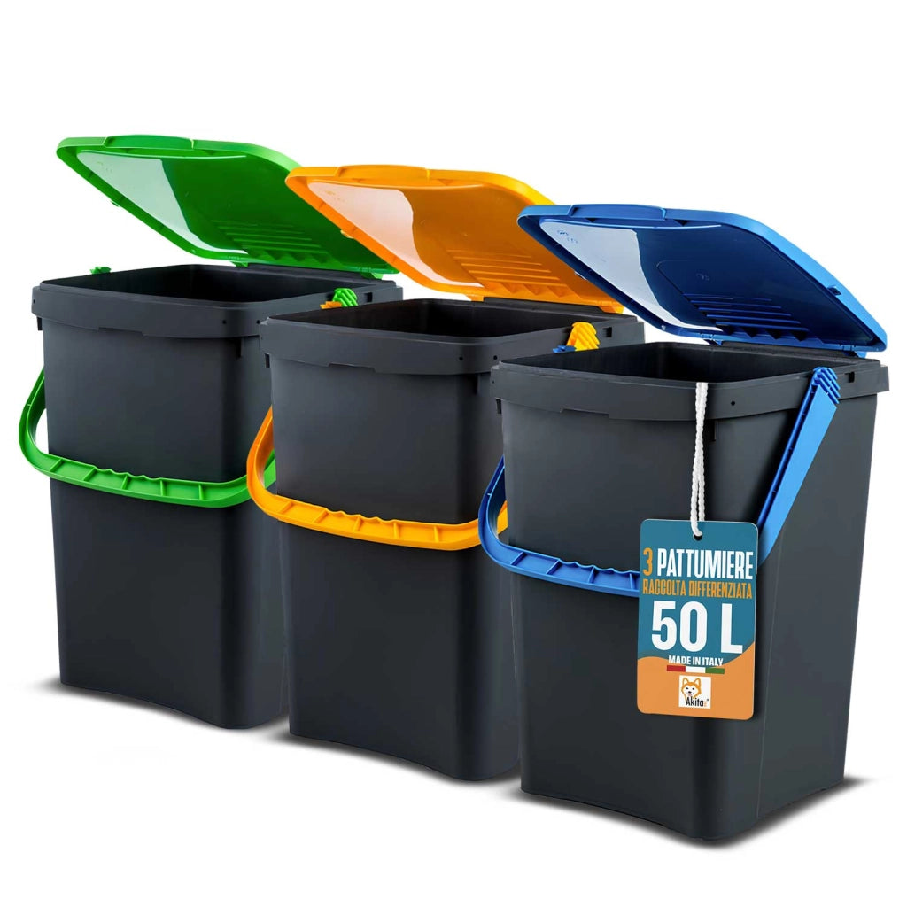 Akitaink Set 3 Pattumiere 50L Raccolta Differenziata