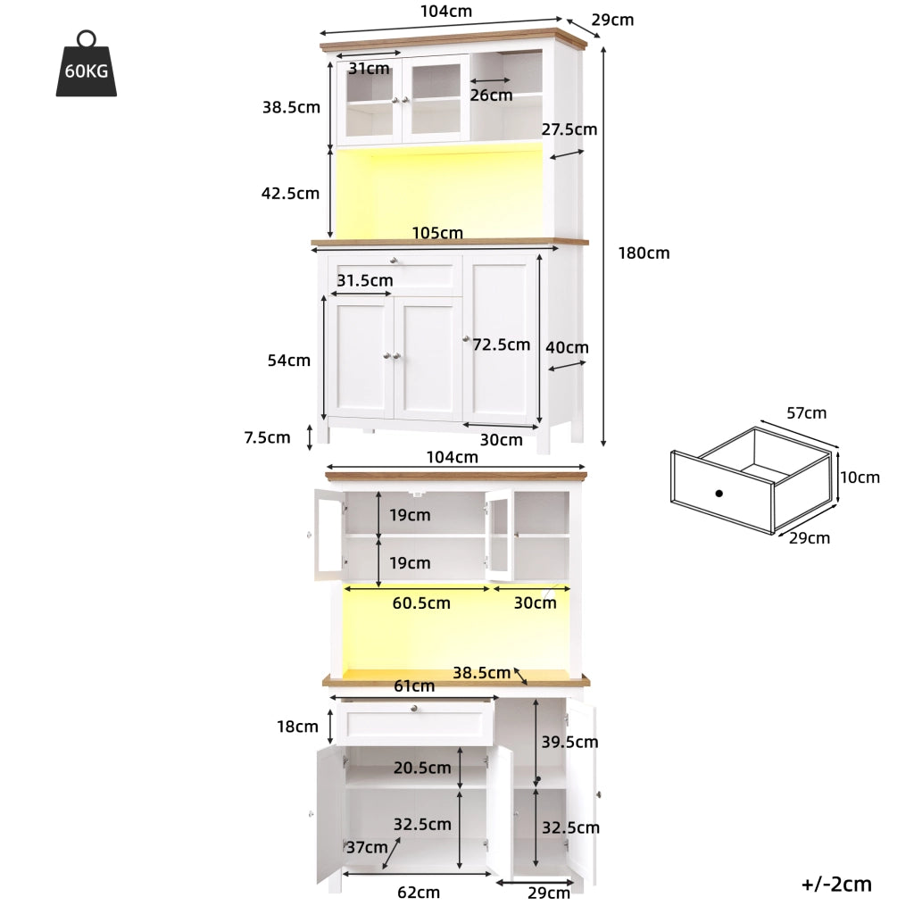 Credenza da cucina alta con ripiani regolabili e LED per sala da pranzo in MDF 104×40×180 cm Bianco