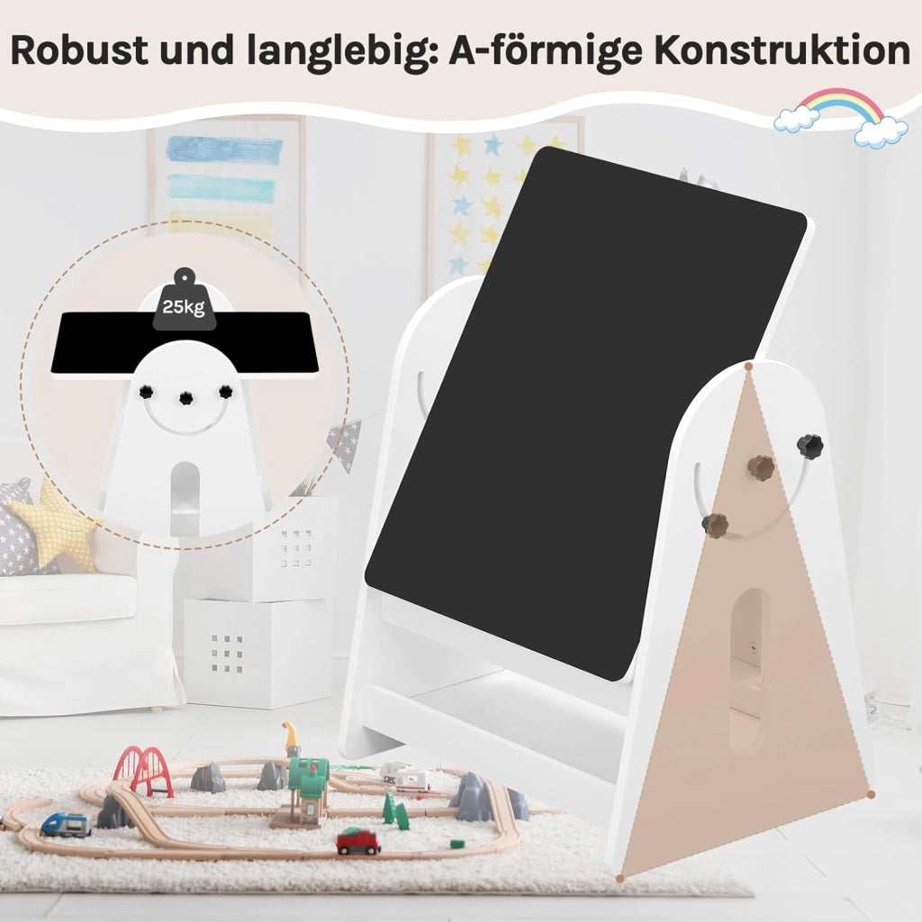 Set di Tavolo e Sedie per Bambini con Cavalletto, Tavolo con 2 Sedie per Bambini, Spazio di Archiviazione, Piano d'Appoggio Girevole, Bianco