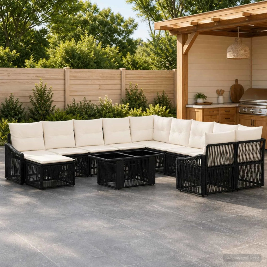 Set Divano da Giardino 12 pz Nero e Bianco Crema polyrattan 3437344