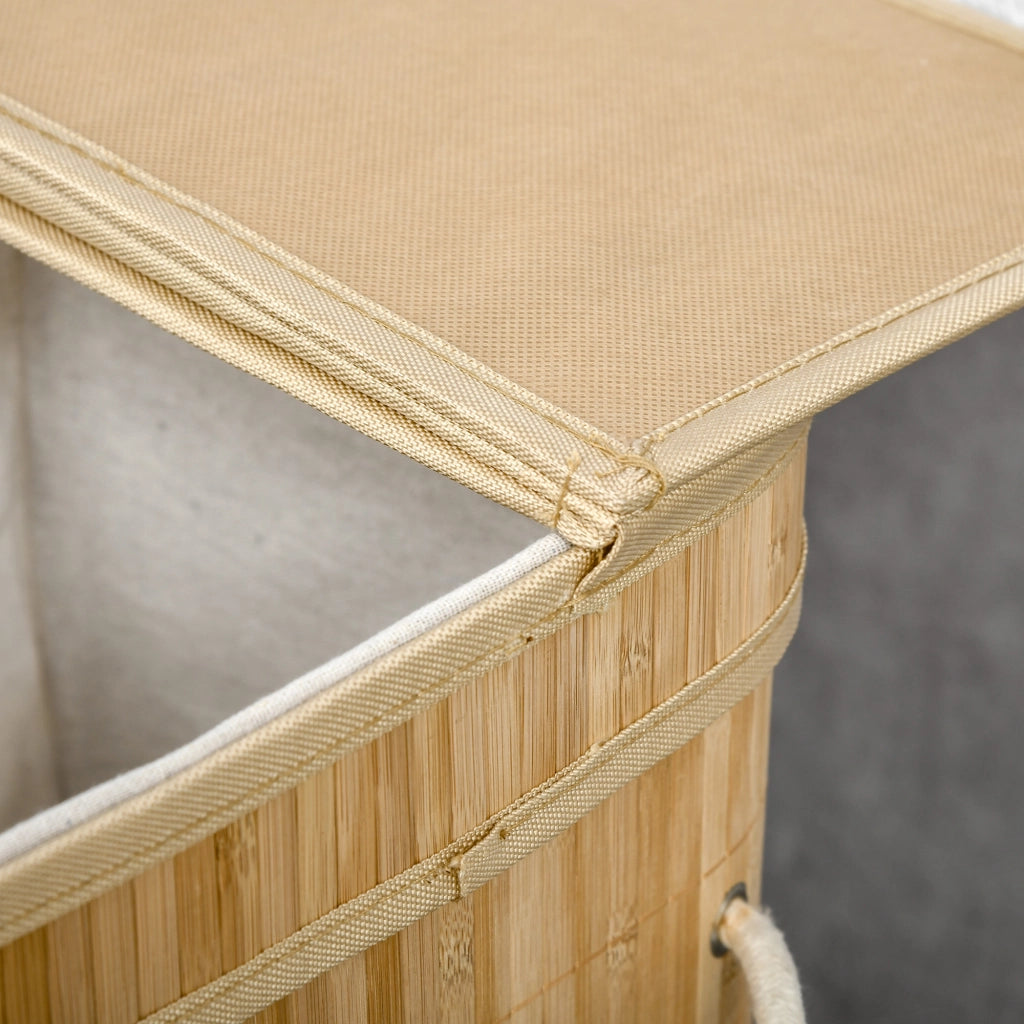 Cesto portabiancheria in bambù con coperchio, 2 scomparti e sacco interno rimovibile, 90 L, 54,2 x 35,2 x 59,5 cm