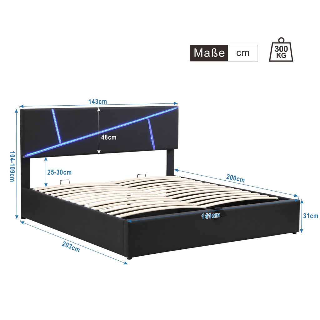 LETTO Contenitore 140x200 cm con LED PU Nero