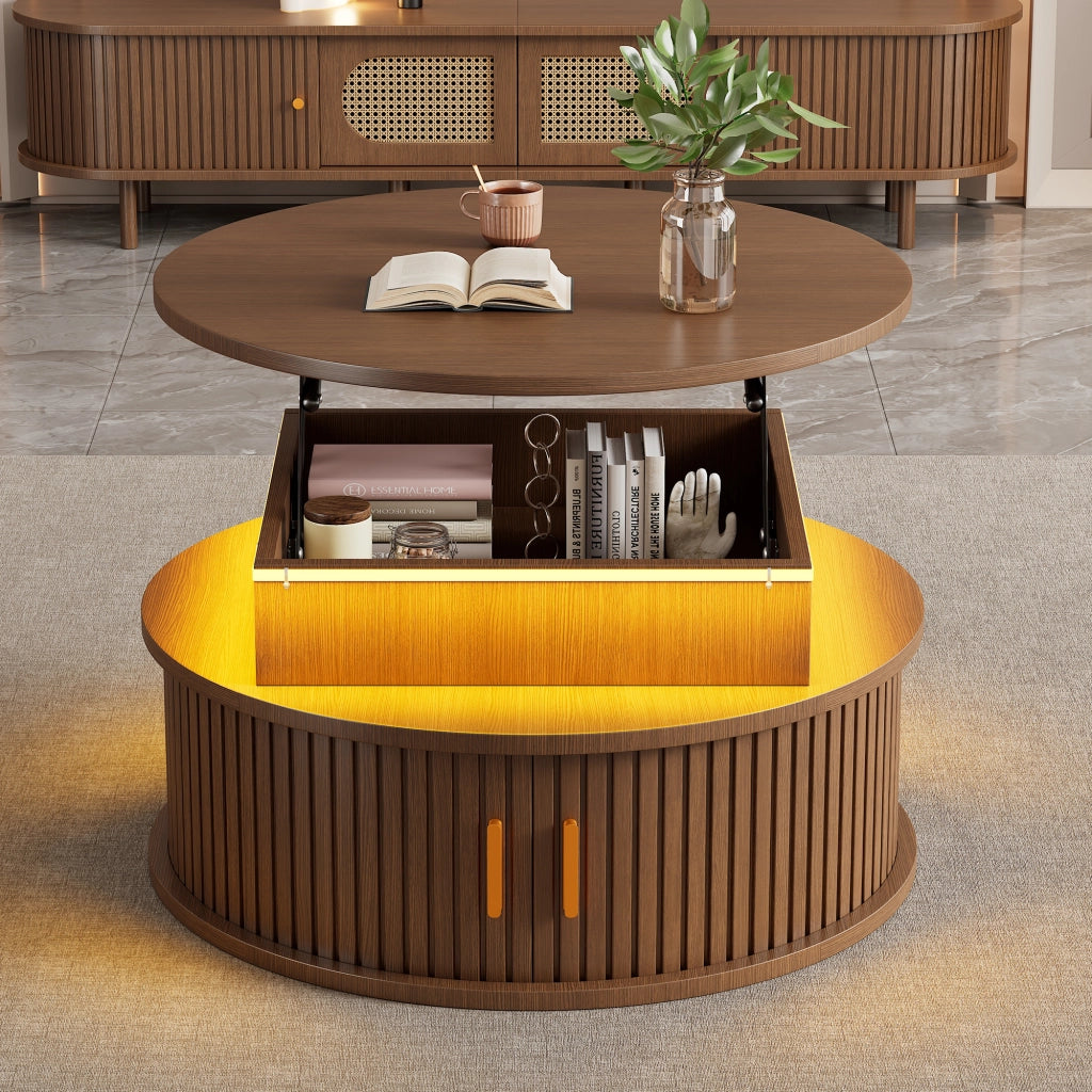 Tavolino basso sollevabile rotondo con LED e vano contenitore in MDF color noce per soggiorno 75 × 75 × 52 cm