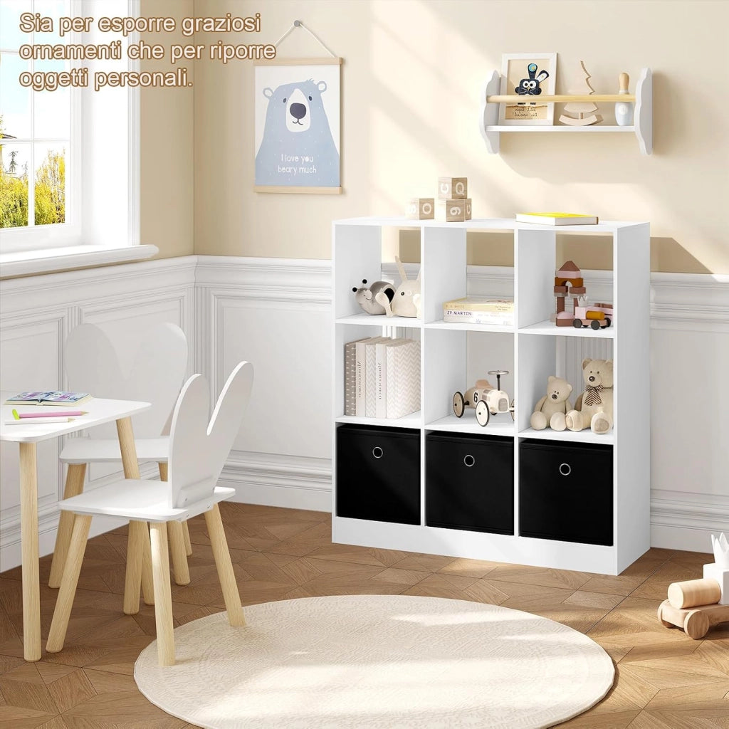Libreria Bianca, Libreria a 9 Cubi Portaoggetti, Scaffale in Legno con 3 Cassetti in Tessuto Non Tessuto, per Soggiorno, Camera da Letto, Ufficio, 80x30x86,5 cm, SK041ws