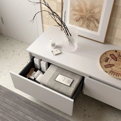 Composizione bagno con mensolone 100 cm rovere bali e cassettiera sospesa 80 cm in bianco opaco - Sumo