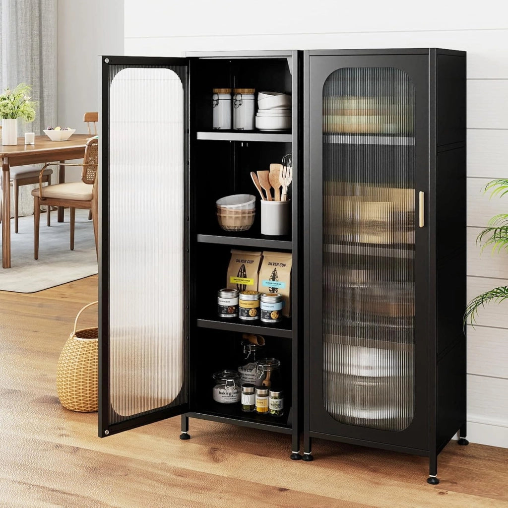 Armadietto da cucina con rotelle, 5 ripiani a buffet con ripiani regolabili, Mobile alto con anta trasparente, armadio multiuso per sala da pranzo, soggiorno, 45 x 40 x 141 cm (nero)