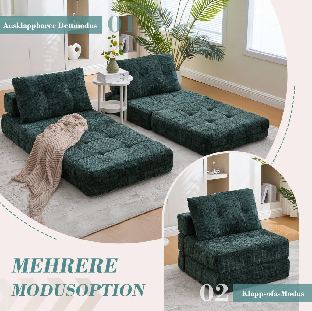 Sofà letto pieghevole in chenille verde smeraldo 79x79x57 cm; con cuscini