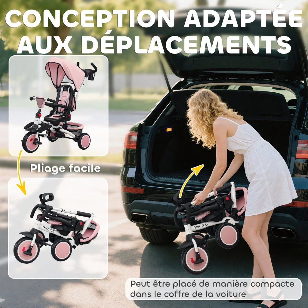 Triciclo Bambini 6 in 1 Pieghevole con Maniglia Regolabile ¨C zephmum ¨C Rosa