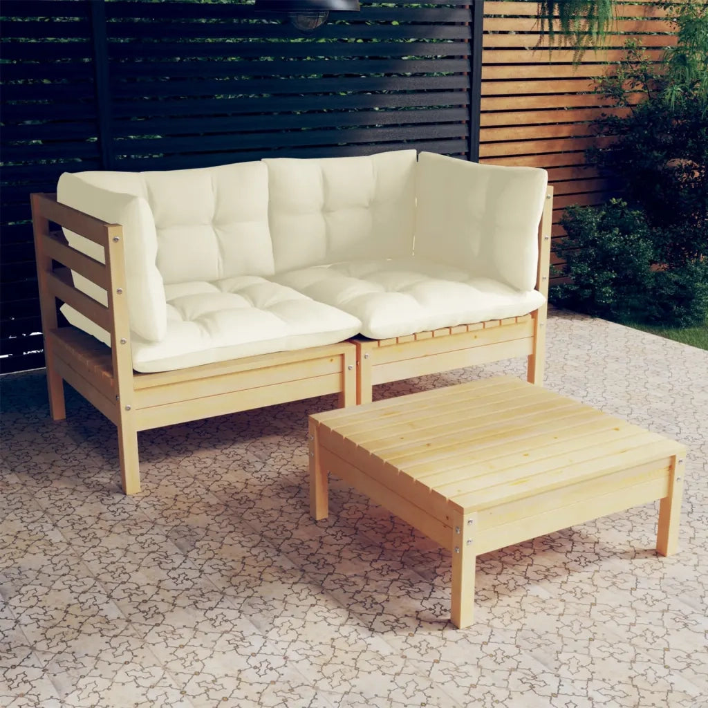 Set Salotto da Giardino 3 pz | Set di Mobili da Esterno con Cuscini Crema Legno di Pino