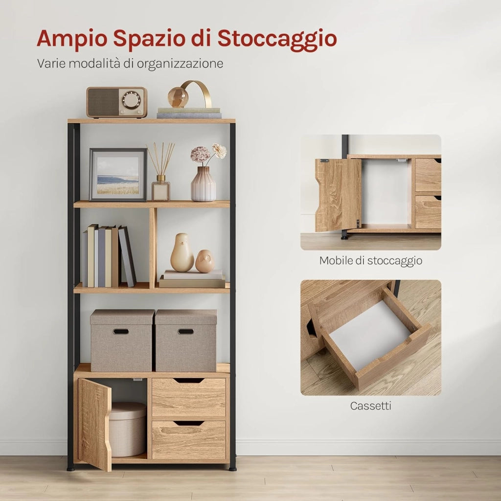 Libreria Moderna Design, 58 x 24 x 122 cm, Scaffale per Libri CD, con Cassetti e Ante, in Legno e Metallo, Rovere Chiaro RGB09hei