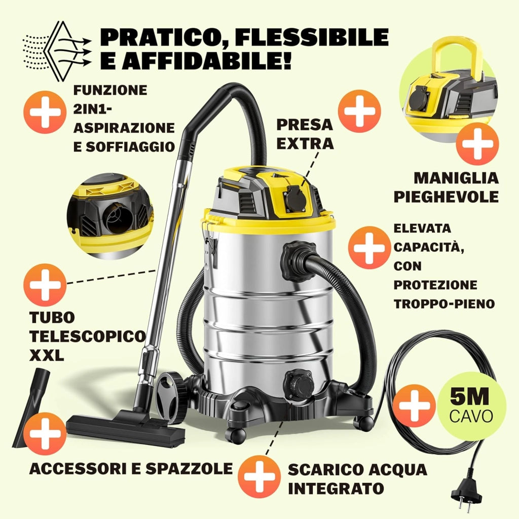 ® Aspirapolvere Liquidi Solidi 30L 2200W Presa Certificata GS Raggio 9m Aspiratore Secco Umido Industriale Acciaio Inox con Funzione di Soffiaggio