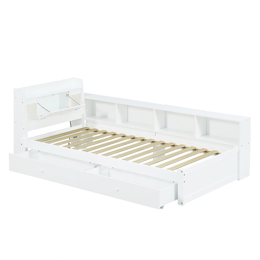 Letto bambino-Xylo-90x200 cm-ripiano, 2 lampade, USB, cassetti, bianco