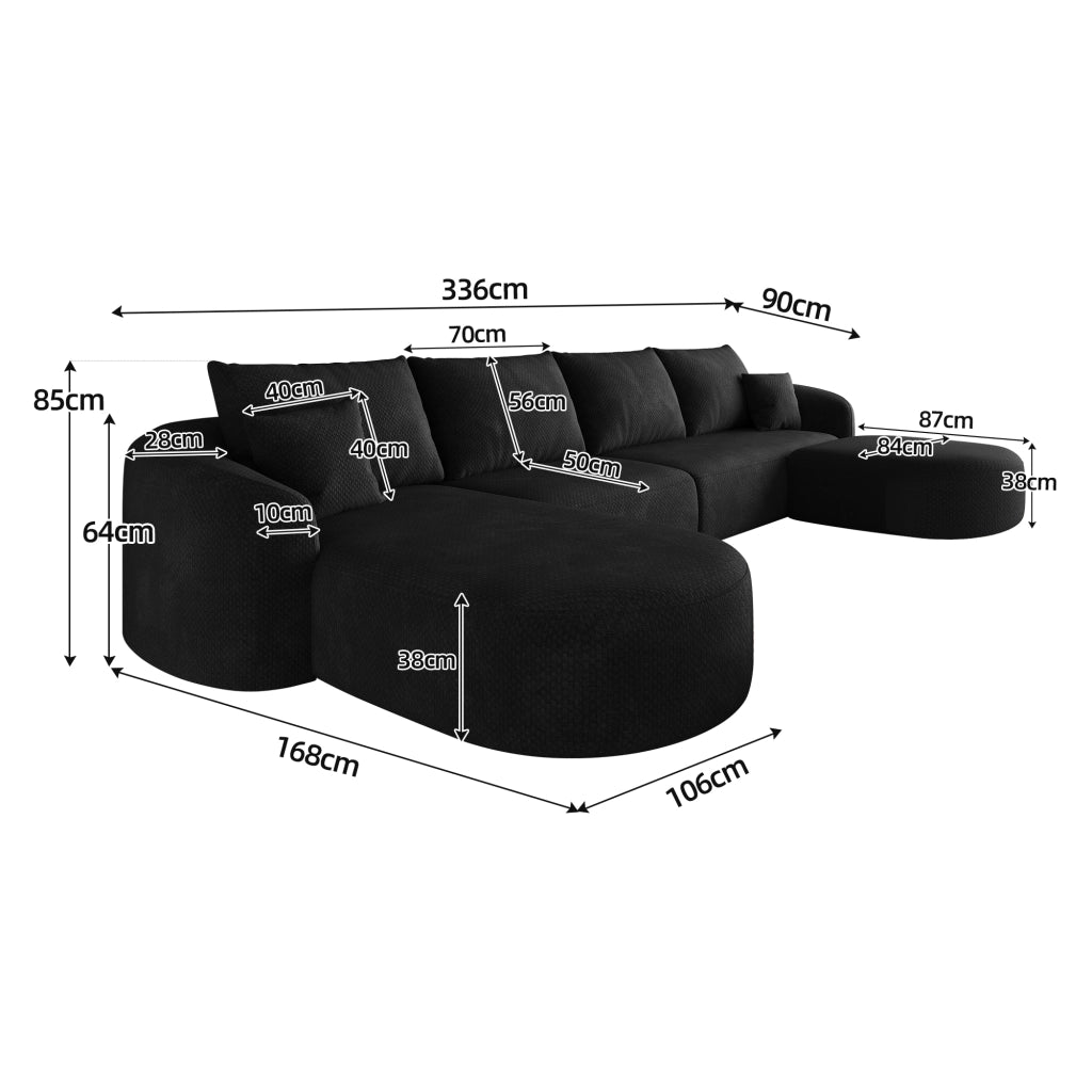 Divano angolare modulare senza montaggio in tessuto nero per soggiorno e camera da letto 336 × 168 × 85 cm