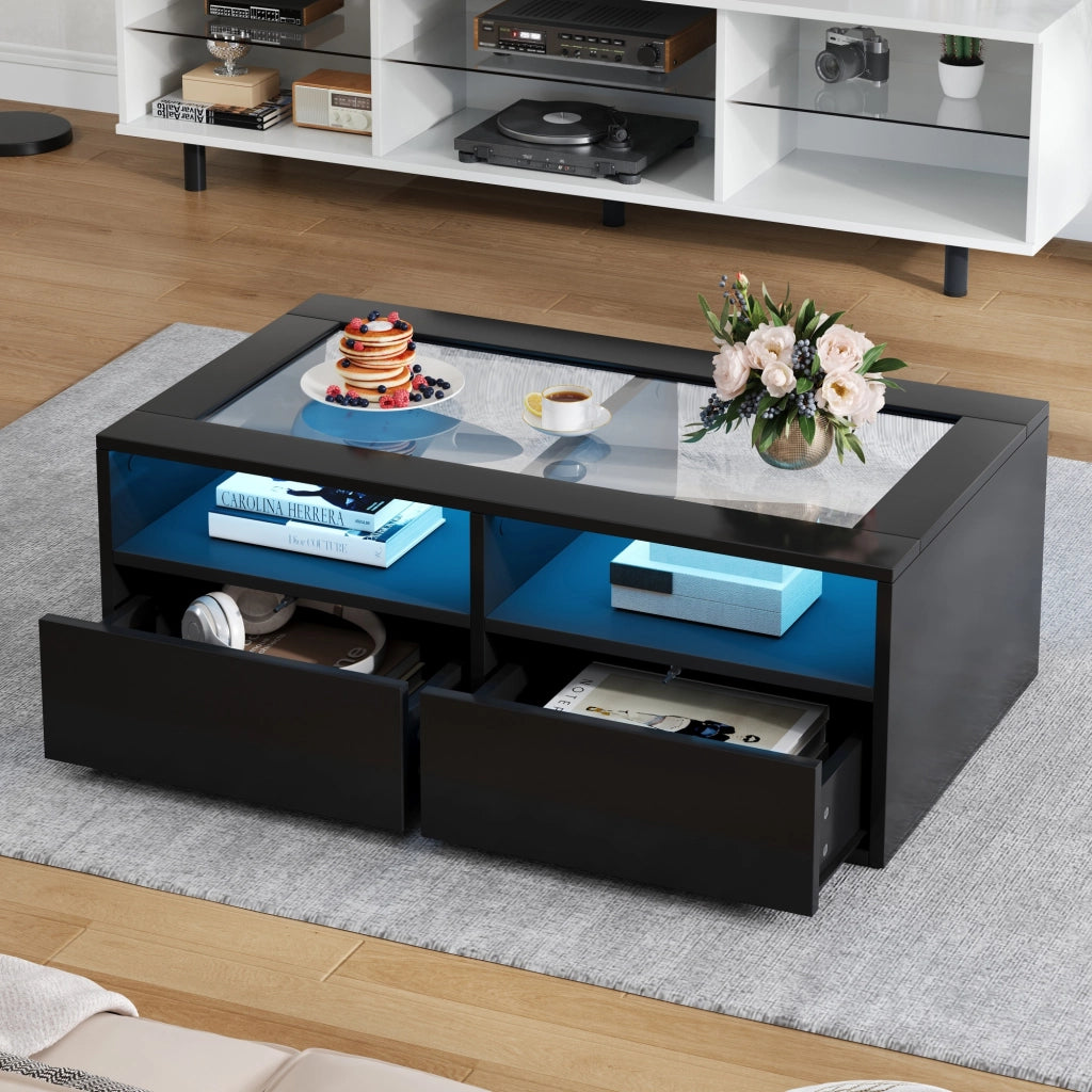 Tavolino da caffè con 2 cassetti; LED e USB - per soggiorno - 100x50x35 cm - nero
